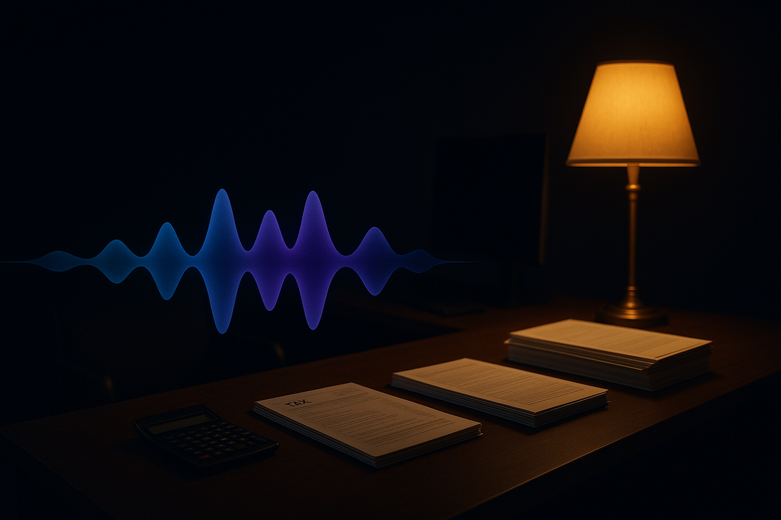 Glowing blue AI voice waveform in an accounting office — BrandTalk AI answering and capturing calls 24/7