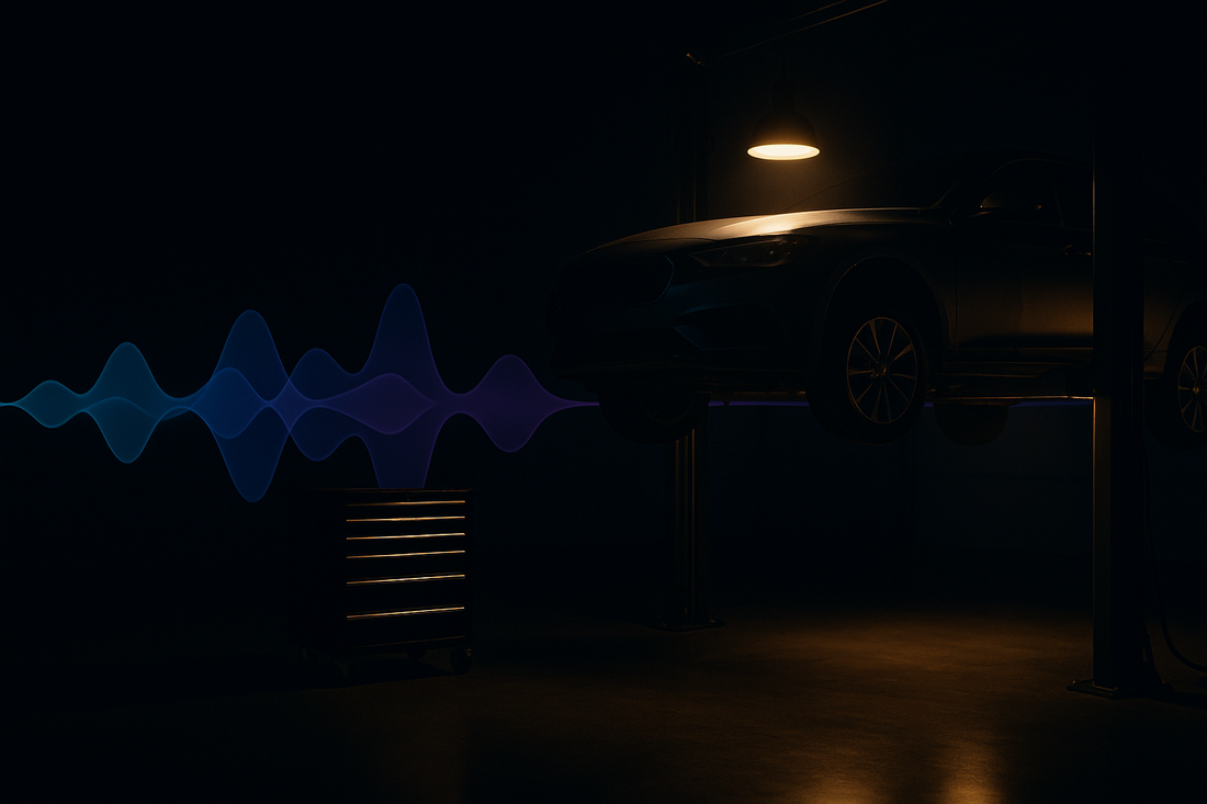Glowing blue AI voice waveform in an auto repair shop — BrandTalk AI answering and capturing calls 24/7