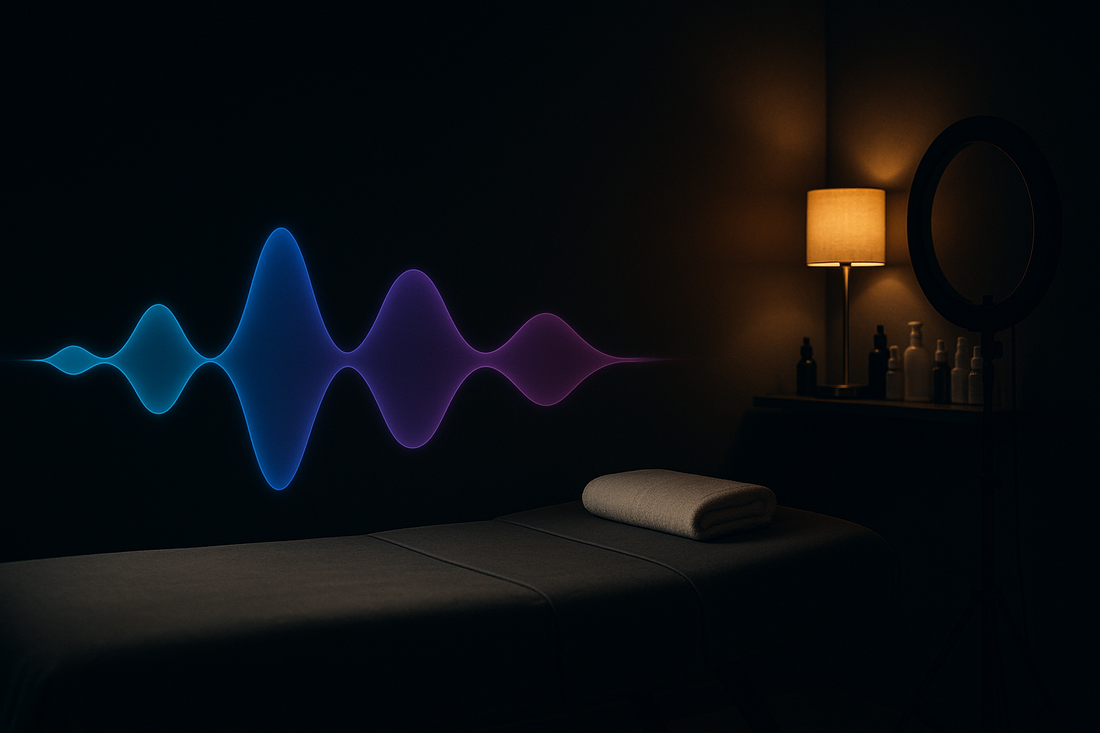 Glowing blue AI voice waveform in a beauty and wellness studio — BrandTalk AI booking appointments around the clock