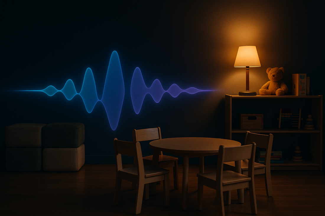 Glowing blue AI voice waveform in a cozy childcare playroom — BrandTalk AI answering enrollment calls 24/7
