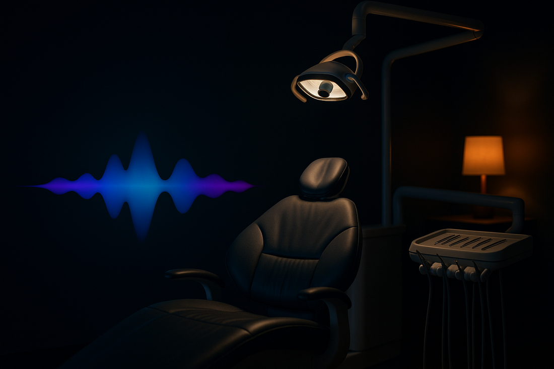 Glowing blue AI voice waveform in a dental practice — BrandTalk AI answering and capturing calls 24/7