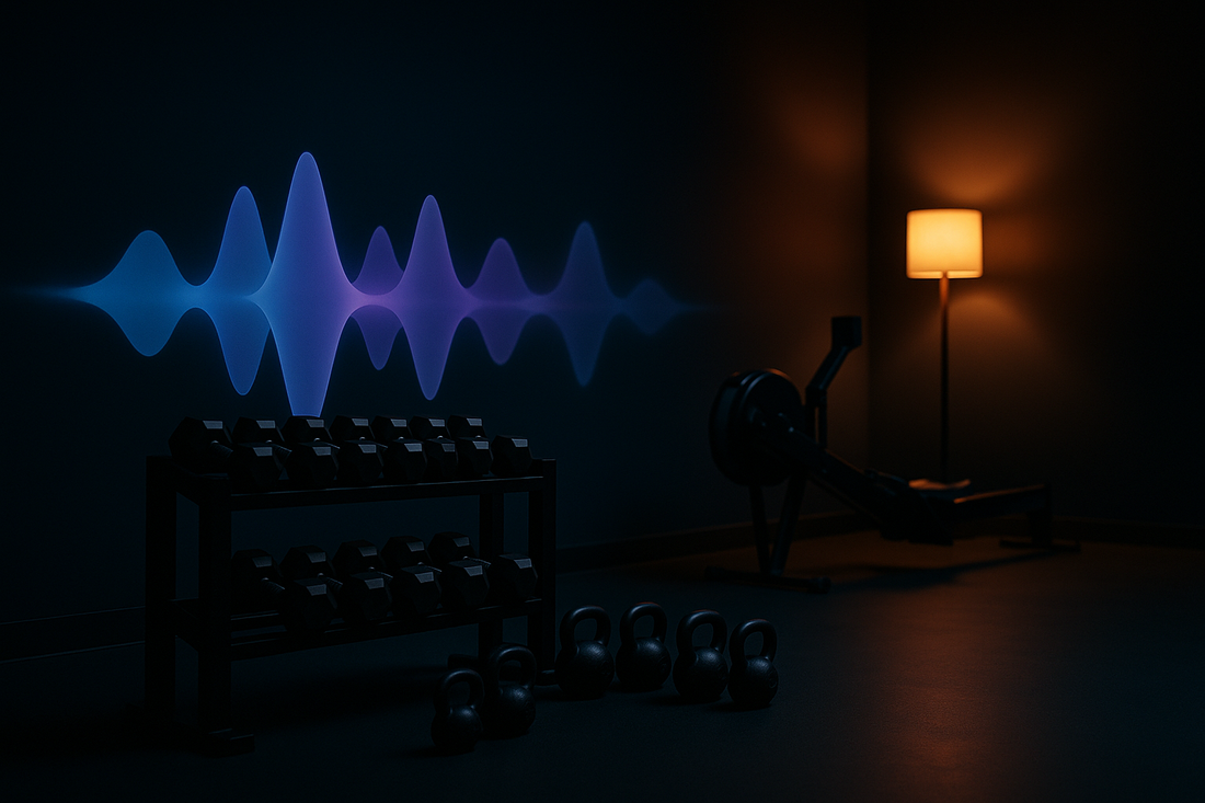 Glowing blue AI voice waveform in a fitness studio — BrandTalk AI answering and capturing calls 24/7