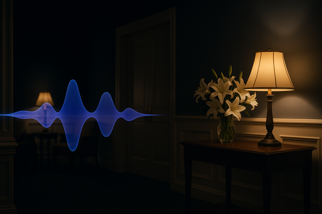 Glowing blue AI voice waveform in a dignified funeral home foyer — BrandTalk AI answering the first call with compassion, 24/7