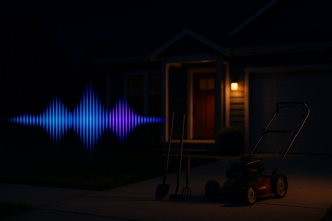 Glowing blue AI voice waveform in a home-services setting — BrandTalk AI answering and capturing calls 24/7