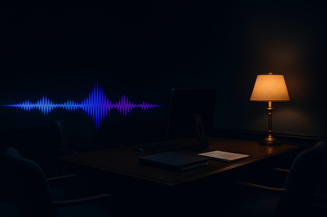 Glowing blue AI voice waveform in an insurance agency office — BrandTalk AI answering and capturing calls 24/7