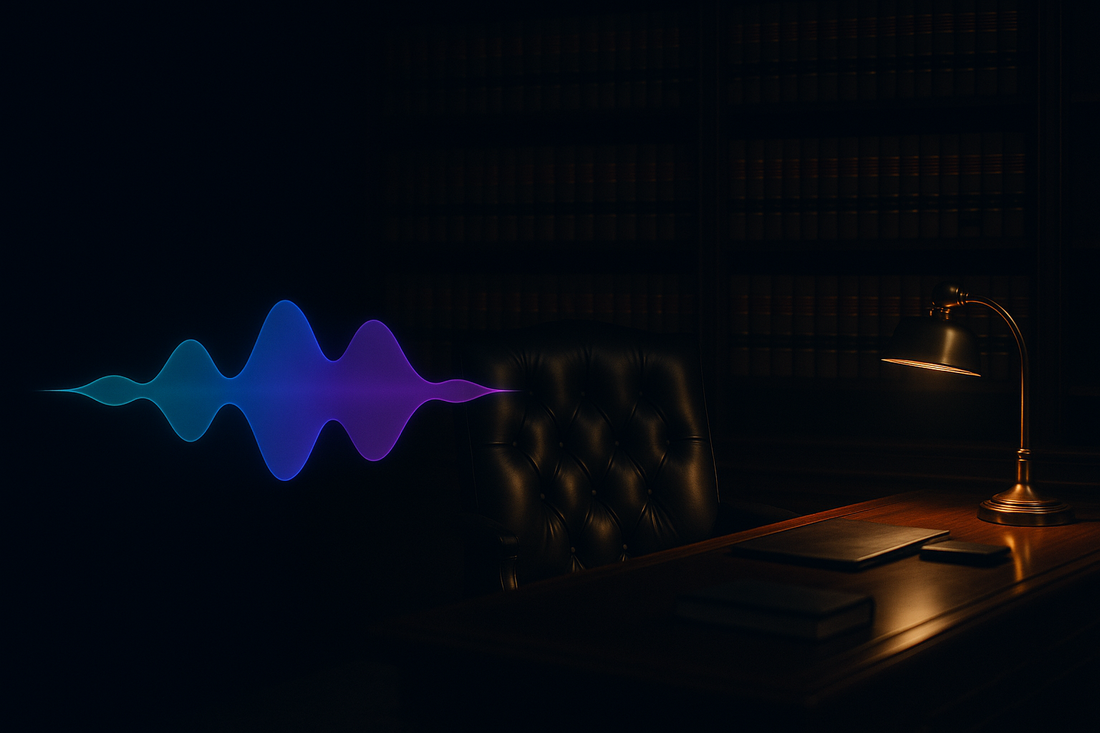 Glowing blue AI voice waveform in a law office — BrandTalk AI answering and capturing calls 24/7
