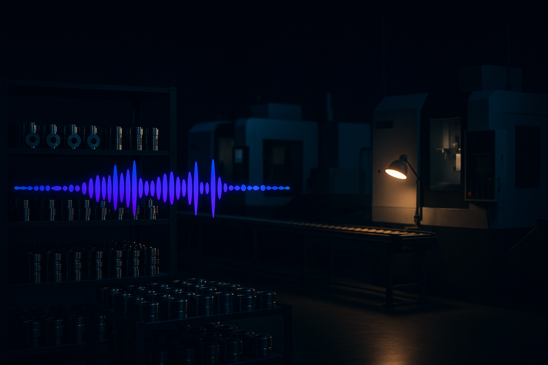 Glowing blue AI voice waveform on a quiet factory floor at night — BrandTalk AI capturing RFQs 24/7