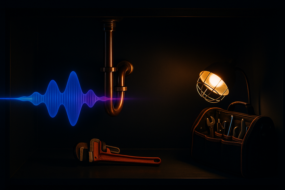 Glowing blue AI voice waveform in a plumbing job site — BrandTalk AI answering and capturing calls 24/7