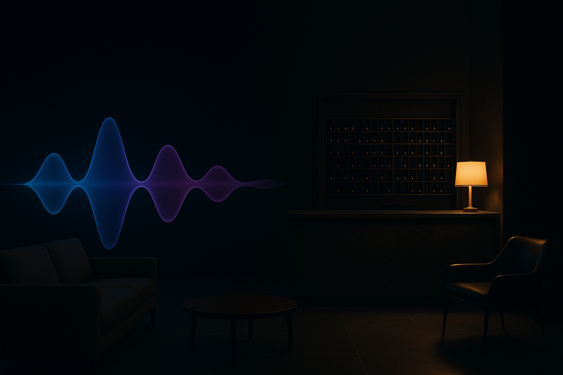 Glowing blue AI voice waveform in a property leasing lobby — BrandTalk AI answering and capturing calls 24/7