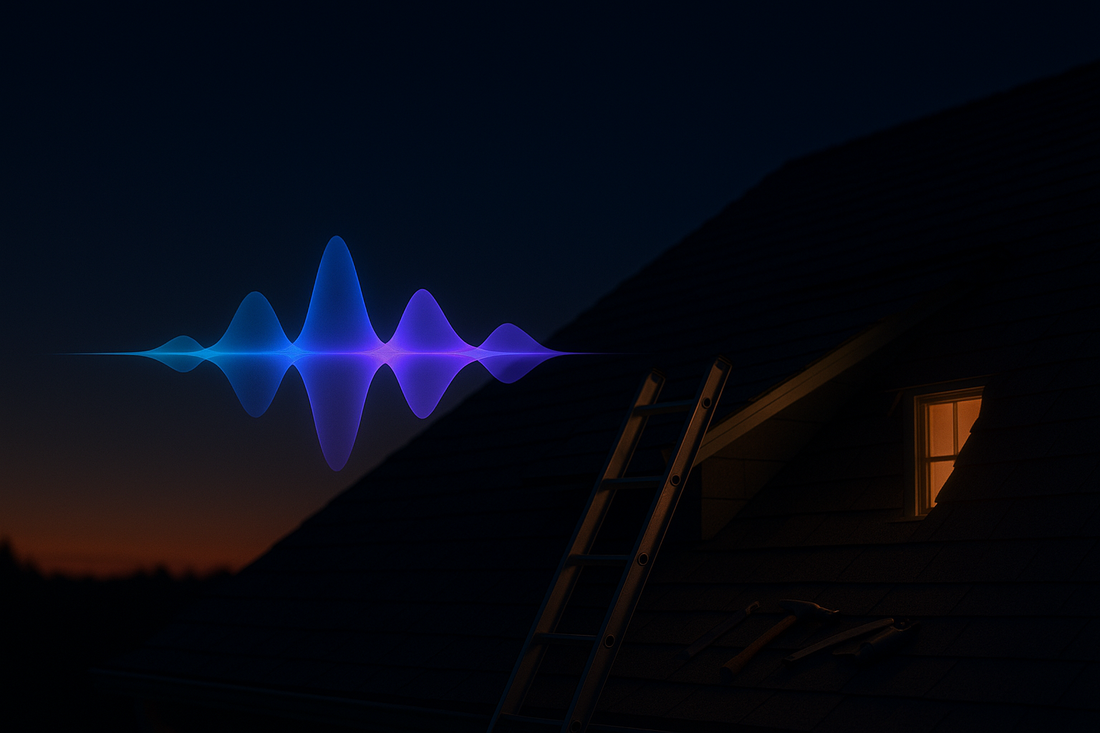 Glowing blue AI voice waveform in a residential rooftop — BrandTalk AI answering and capturing calls 24/7