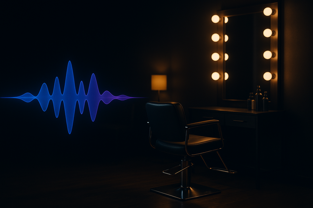 Glowing blue AI voice waveform flowing through an upscale salon — BrandTalk AI answering and booking calls 24/7