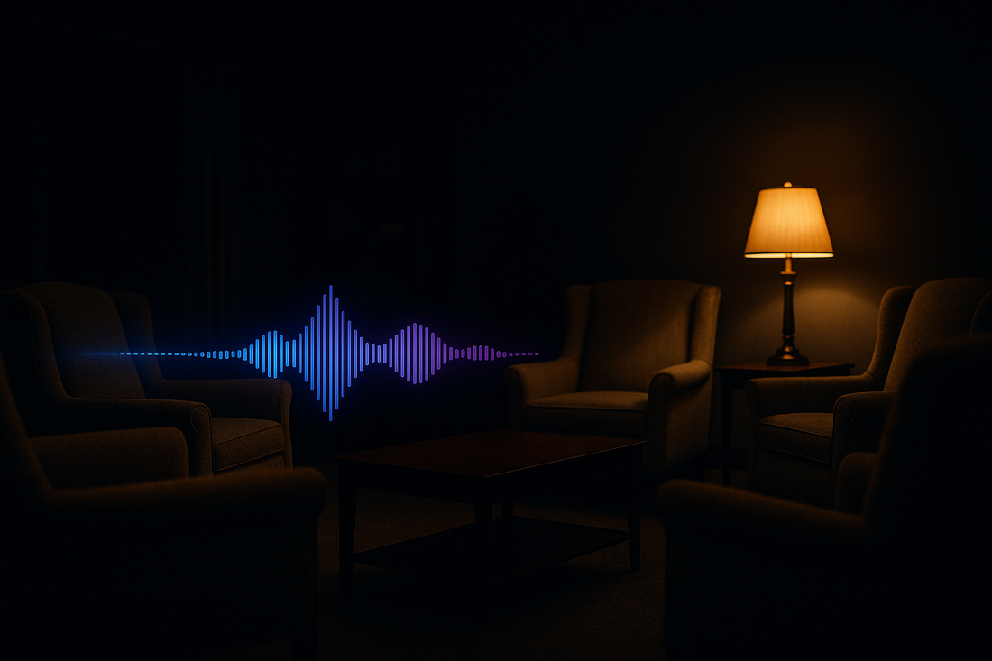 Glowing blue AI voice waveform in a senior-living common room — BrandTalk AI answering and capturing calls 24/7