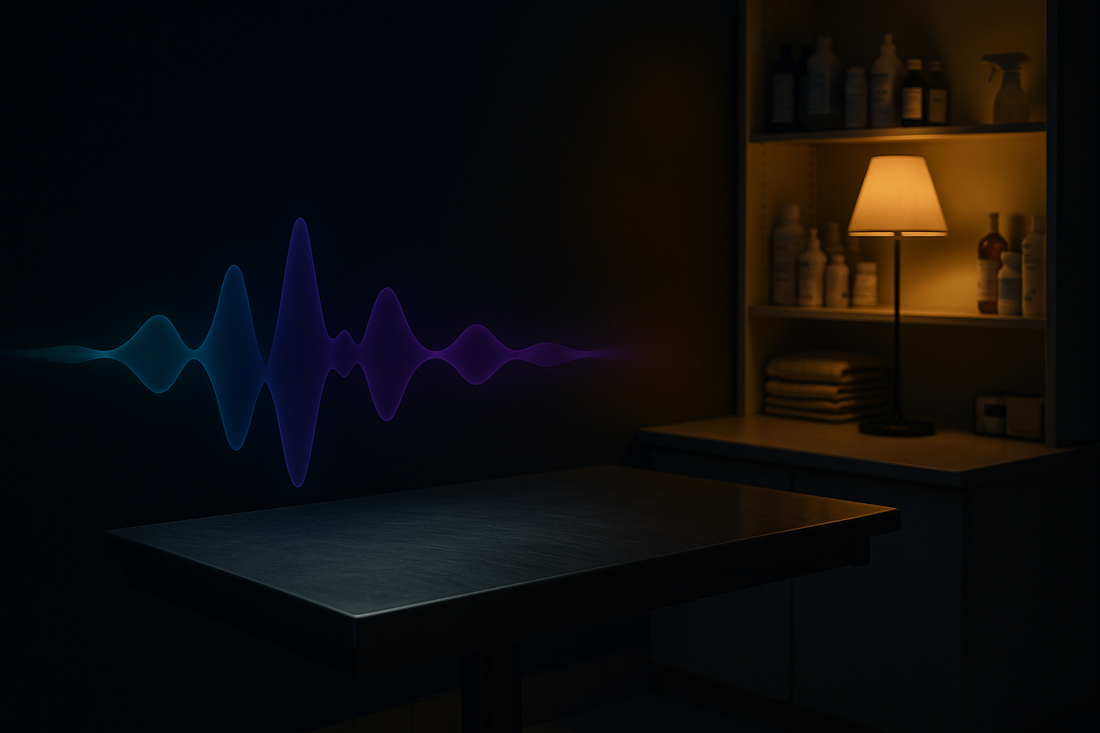 Glowing blue AI voice waveform in a veterinary exam room — BrandTalk AI answering and capturing calls 24/7